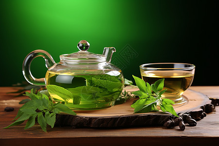 清新绿茶与茶壶背景图片