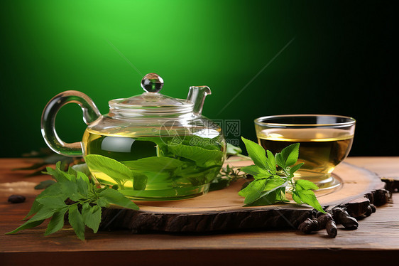 清新绿茶与茶壶图片