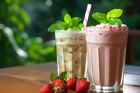 两杯草莓饮品背景图片