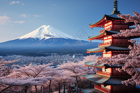 樱花蛋糕日本富士山背景下的樱花背景
