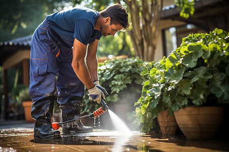 给花园清洁浇水的男子图片