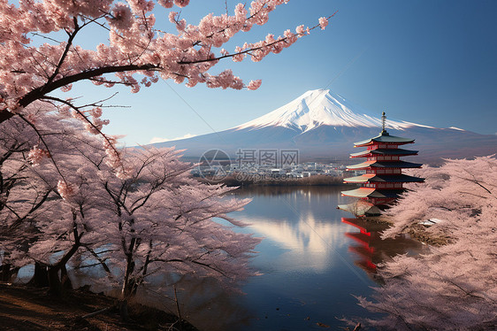 冬日富士山与樱花图片
