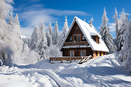 冰雪森林中的小屋图片