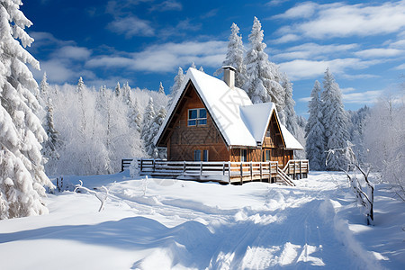 冬季森林中的小木屋背景图片