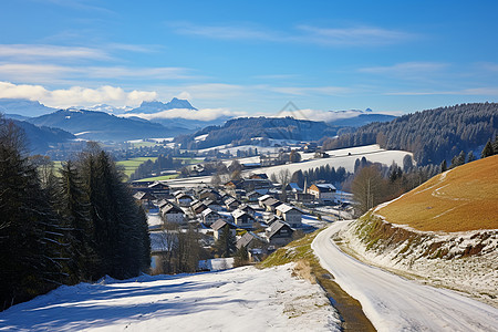 冬季农村白雪皑皑远处山村背景