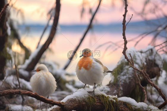 雪中两只鸟儿图片