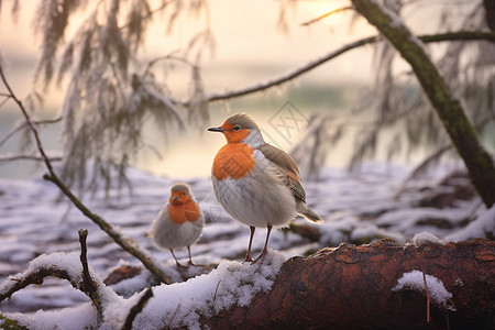 雪在春风中摇曳雪中两只鸟栖息在树枝上背景