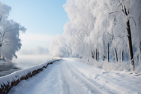 白雪皑皑的林间小路背景图片