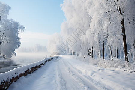 白雪皑皑的林间小路图片