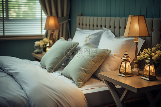 居家奢华白色舒适床品艺术与工艺运动的精致光影图片