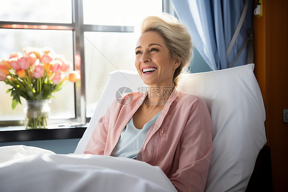 病房中微笑面对的女病人图片
