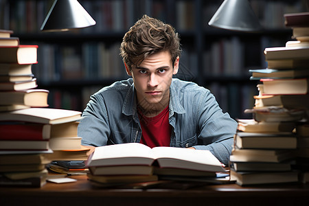 图书馆认真学习的男大学生背景图片