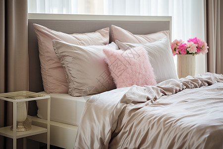 粉色枕头的床图片