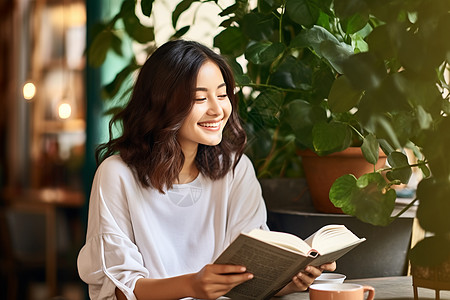 咖啡馆内微笑的长发女孩图片