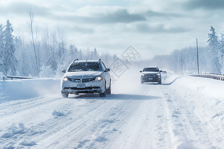 车行人稀的雪地公路图片