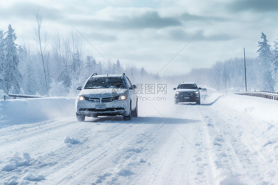 车行人稀的雪地公路图片