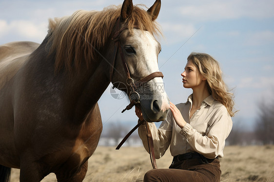 友好相处的马匹和女子图片
