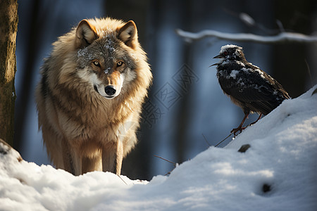 寒冬森林中的狼和乌鸦图片