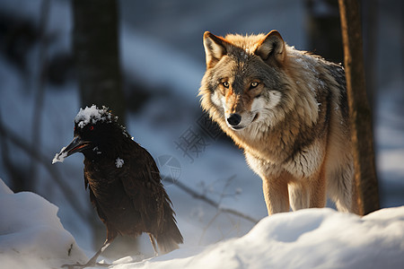雪地林间的狼与乌鸦图片