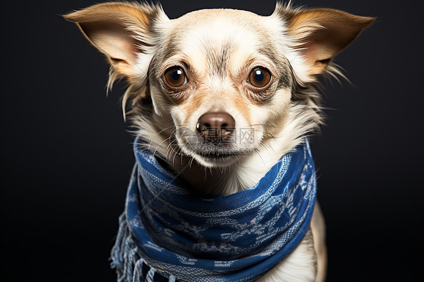 一只小狗戴着蓝色围巾图片