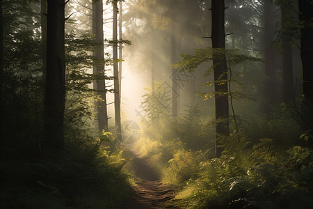 晨曦中的森林路径图片