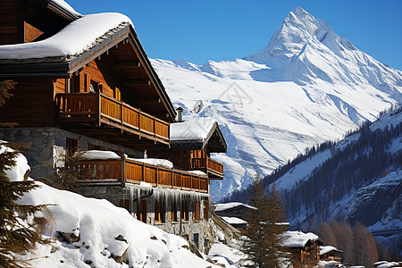 冬日雪山林间小屋图片