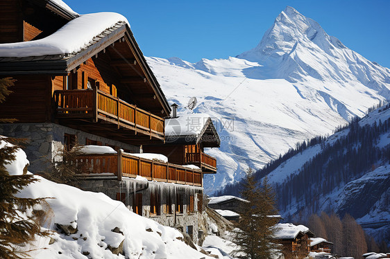 冬日雪山林间小屋图片