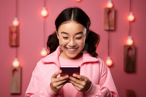 快乐的女孩在粉色背景下玩手机图片