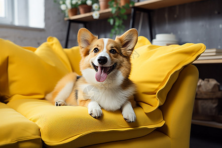 黄色沙发上的可爱柯基犬图片