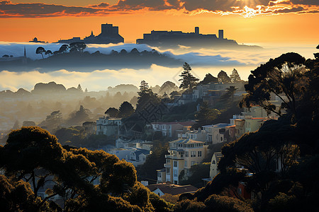 旭日照耀下的山城背景图片