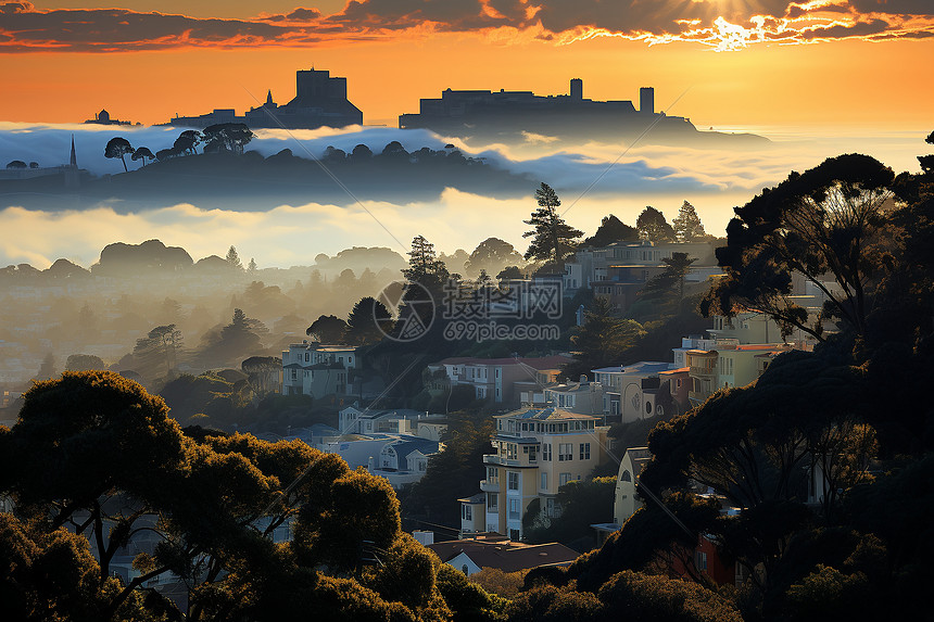旭日照耀下的山城高清图片下载正版图片600848134摄图网