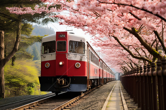 春季山谷中行驶的火车列车图片