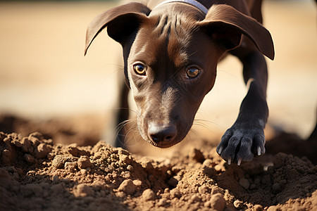 户外挖掘沙土的宠物狗狗图片