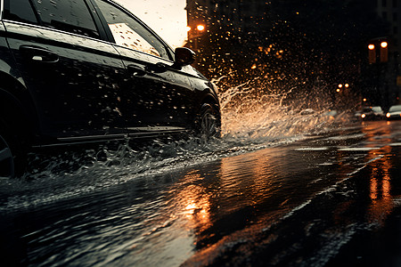 街道积水中行驶的汽车图片