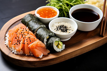 菜板上的美味寿司背景图片