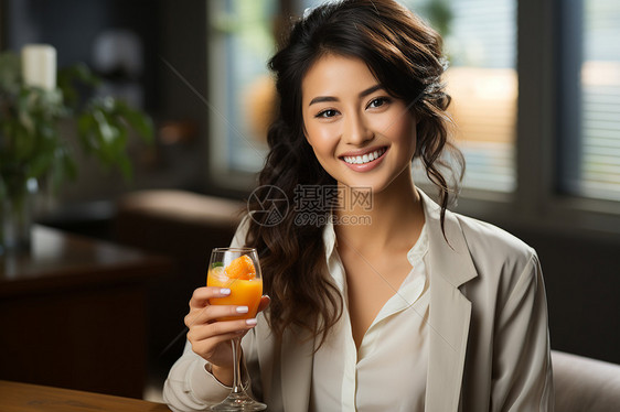 女子端着一杯果汁图片