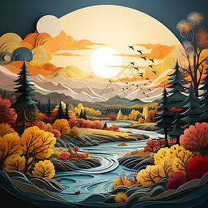 秋季的绘画河流图片