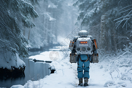 冬季森林中的机器人背景图片