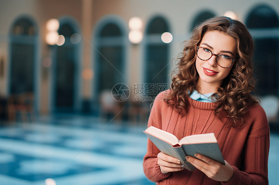 正在阅读书籍的卷发女孩图片