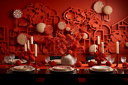 红色镂空新年墙饰背景图片