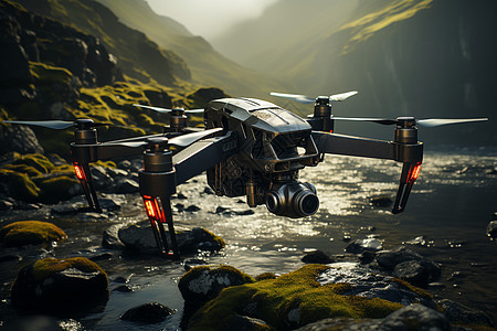 飞翔河畔的无人机图片