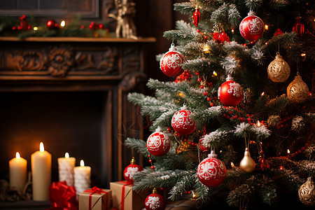 壁炉前的圣诞树背景图片