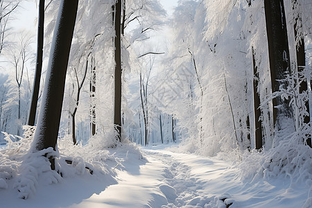 冬日森林中的雪道背景图片