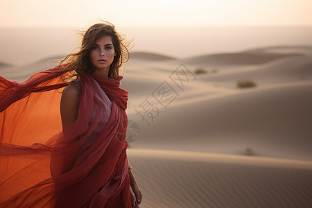 沙漠上的红衣女子图片