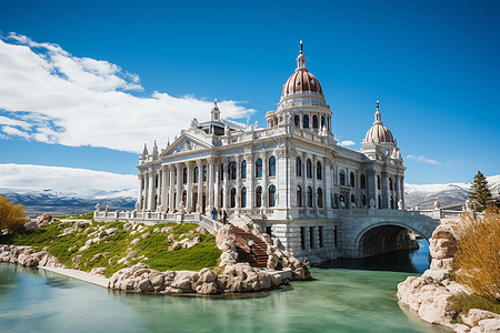 湖水边的山景和历史建筑背景图片