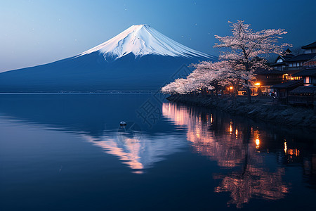 富士山下樱花树图片