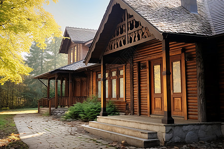 山谷中的木质房屋建筑背景图片