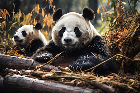 森林中的两只大熊猫图片