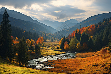 秋日林间流淌的河流图片