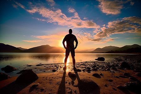 夕阳下一个男人站在海滩上背景图片